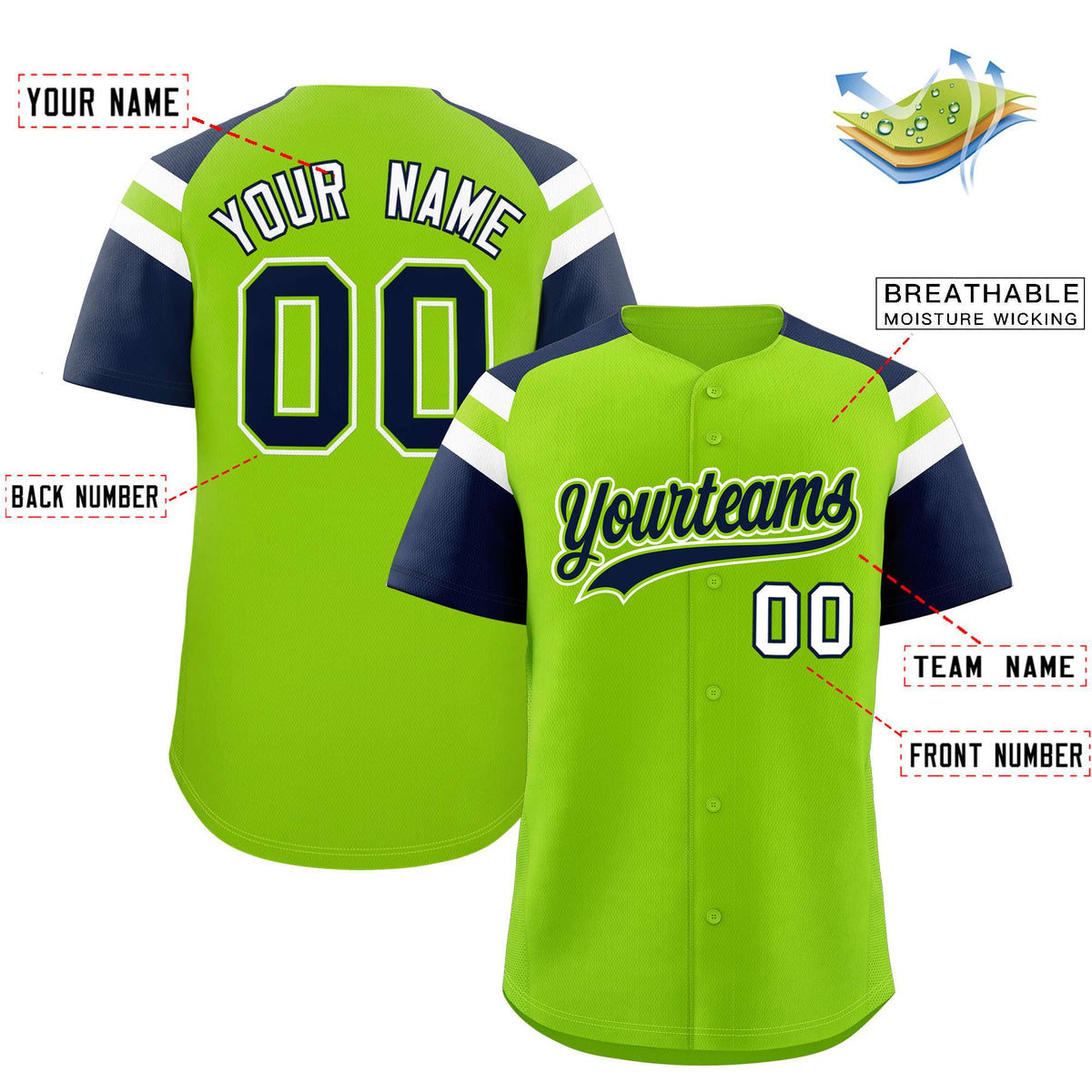 Custom Neon Green Navy Contrast Raglan Sleeves Authentic Baseball Jersey| KXKSHOP