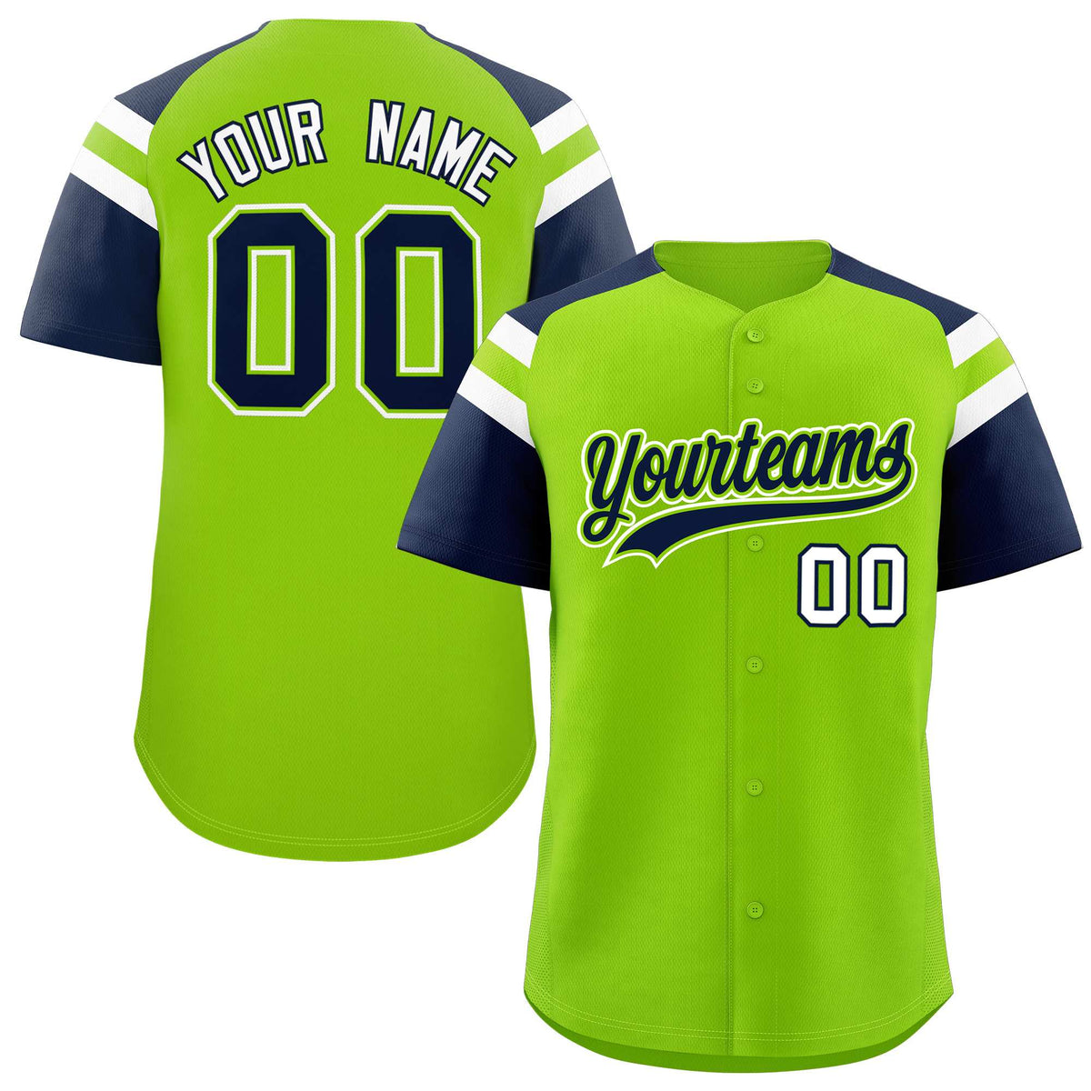 Custom Neon Green Navy Contrast Raglan Sleeves Authentic Baseball Jersey| KXKSHOP