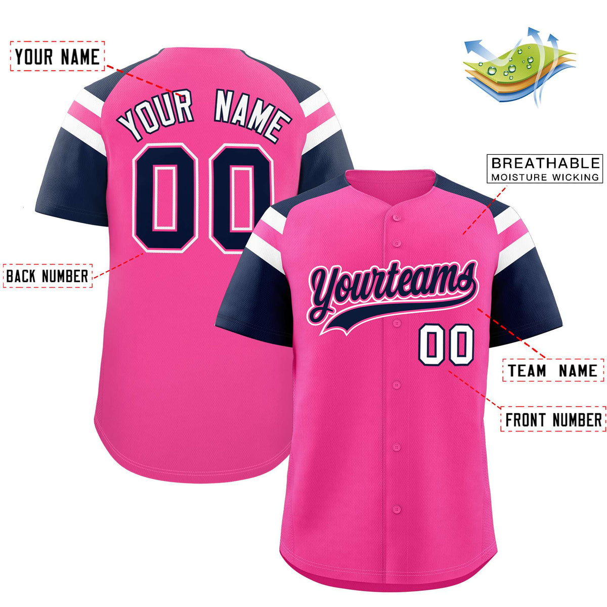 Custom Pink Navy Contrast Raglan Sleeves Authentic Baseball Jersey| KXKSHOP