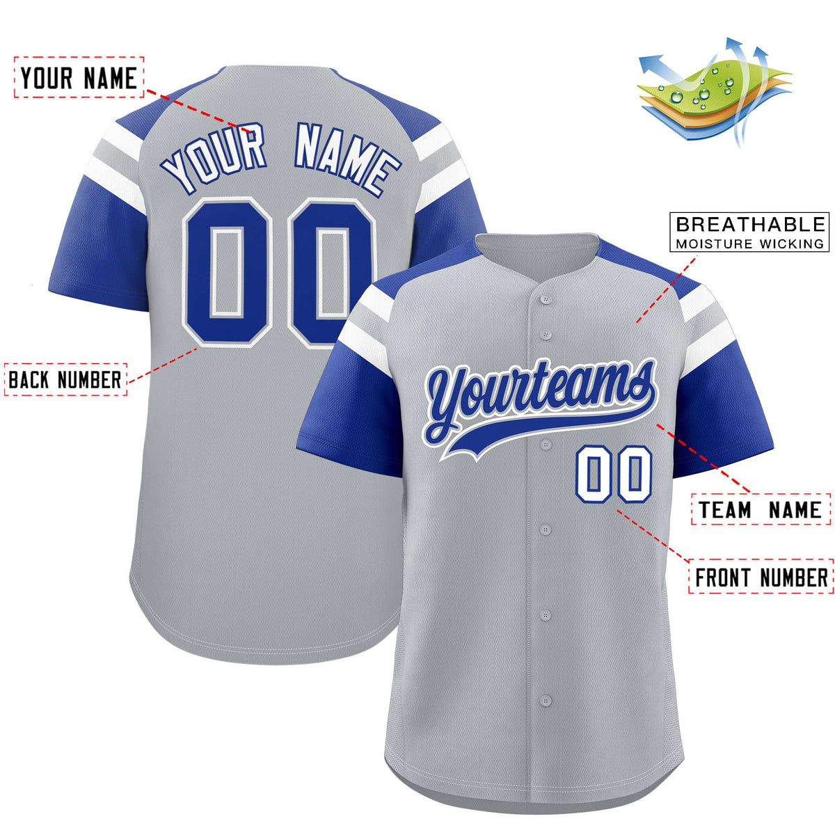 Custom Silver Royal Contrast Raglan Sleeves Authentic Baseball Jersey| KXKSHOP
