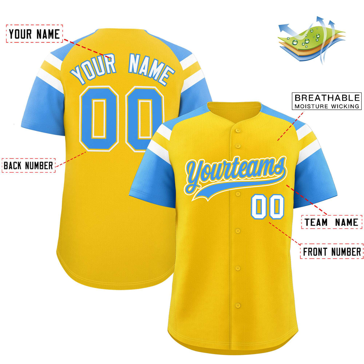 Custom Gold Powder Blue Contrast Raglan Sleeves Authentic Baseball Jersey| KXKSHOP