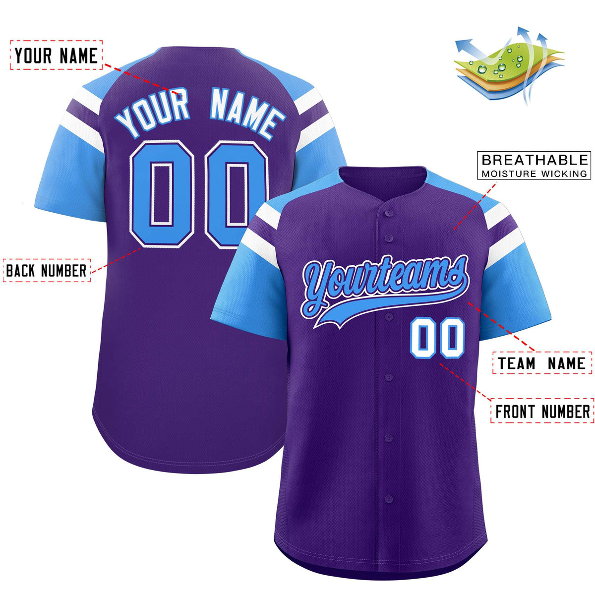 Custom Purple Powder Blue Contrast Raglan Sleeves Authentic Baseball Jersey| KXKSHOP