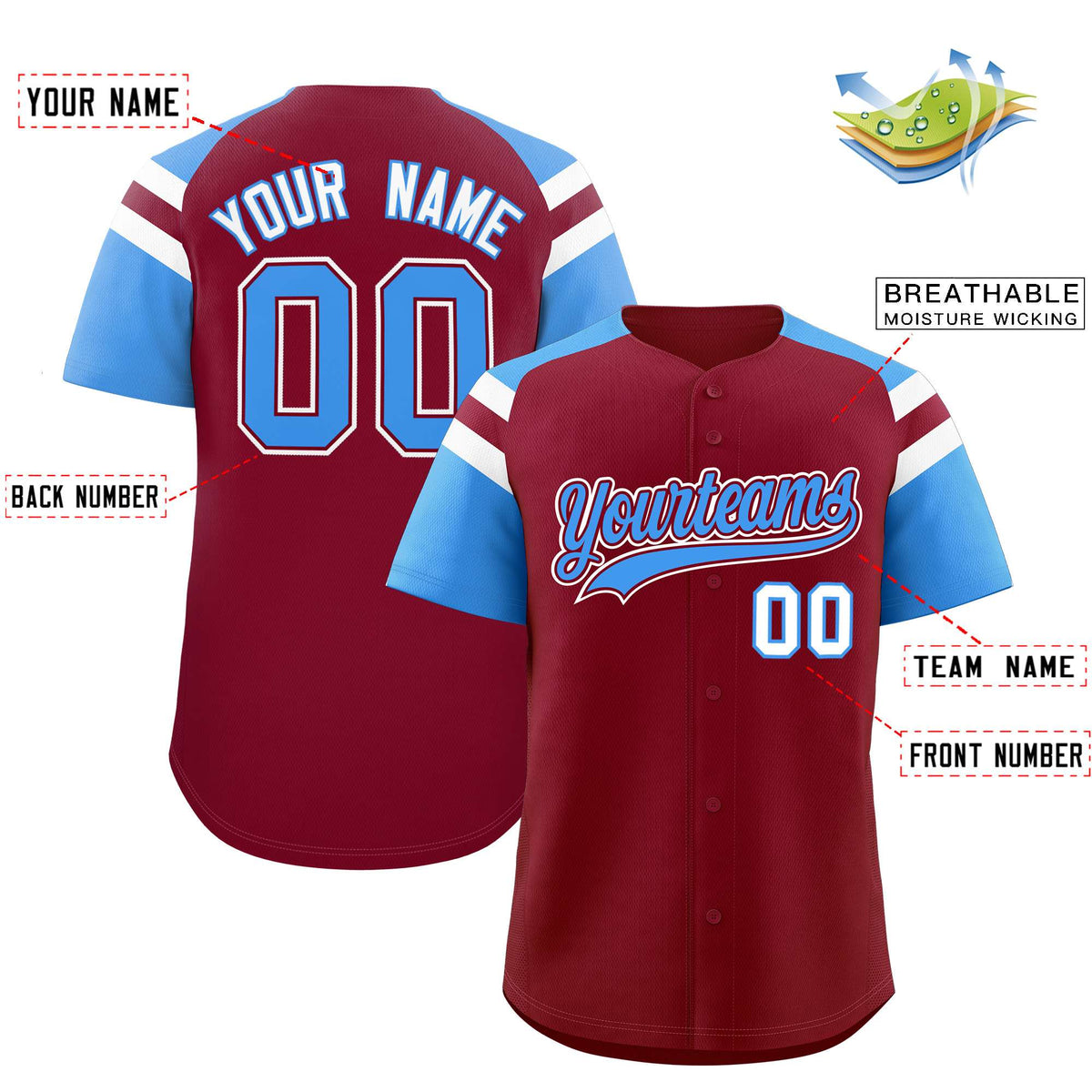 Custom Crimson Powder Blue Contrast Raglan Sleeves Authentic Baseball Jersey| KXKSHOP