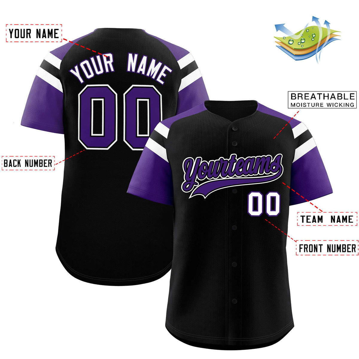 Custom Black Purple Contrast Raglan Sleeves Authentic Baseball Jersey| KXKSHOP