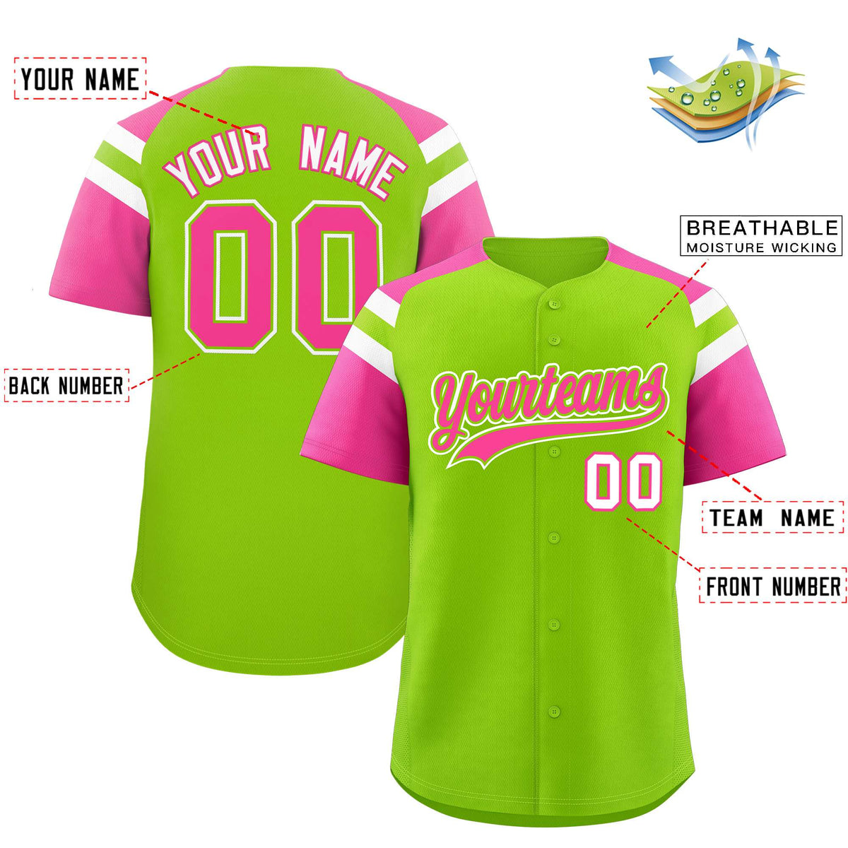 Custom Neon Green Pink Contrast Raglan Sleeves Authentic Baseball Jersey| KXKSHOP