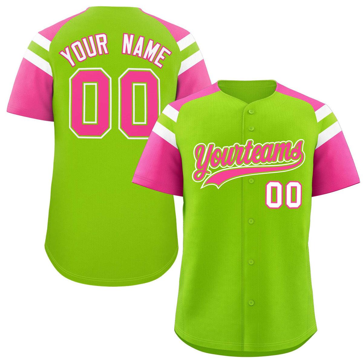Custom Neon Green Pink Contrast Raglan Sleeves Authentic Baseball Jersey| KXKSHOP