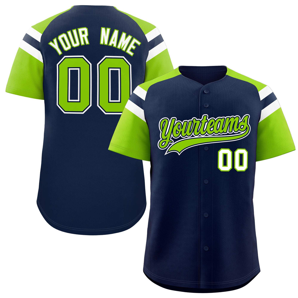 Custom Navy Neon Green Contrast Raglan Sleeves Authentic Baseball Jersey| KXKSHOP