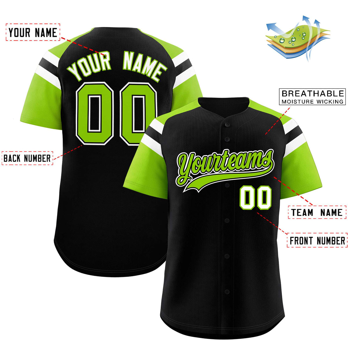 Custom Black Neon Green Contrast Raglan Sleeves Authentic Baseball Jersey| KXKSHOP