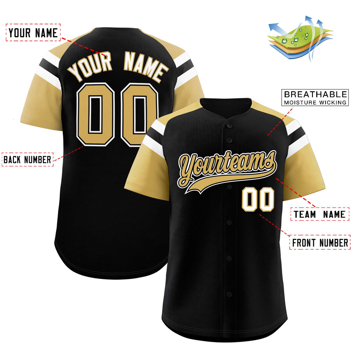 Custom Black Old Gold Contrast Raglan Sleeves Authentic Baseball Jersey| KXKSHOP