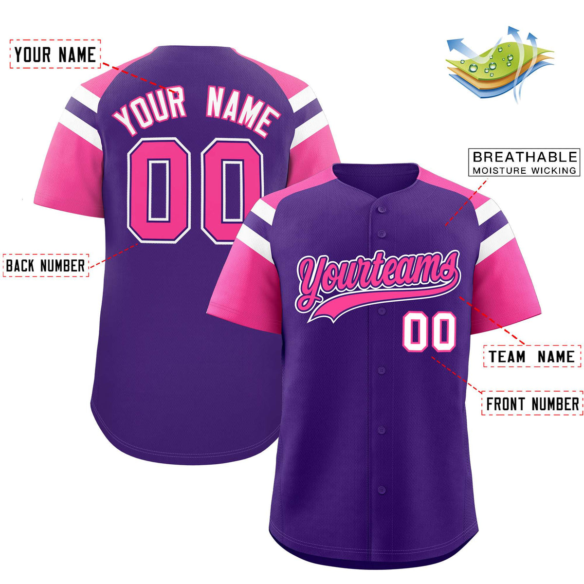 Custom Purple Pink Contrast Raglan Sleeves Authentic Baseball Jersey| KXKSHOP