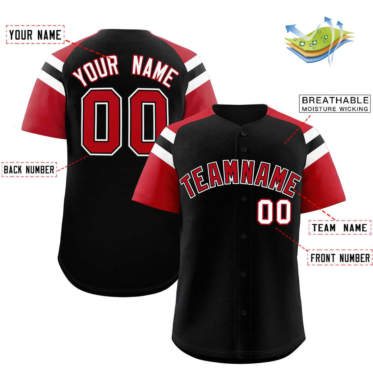 Custom Black Red Contrast Raglan Sleeves Authentic Baseball Jersey| KXKSHOP