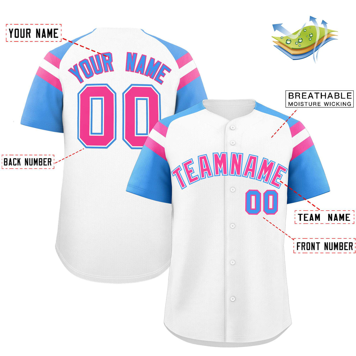 Custom White Powder Blue Contrast Raglan Sleeves Authentic Baseball Jersey| KXKSHOP