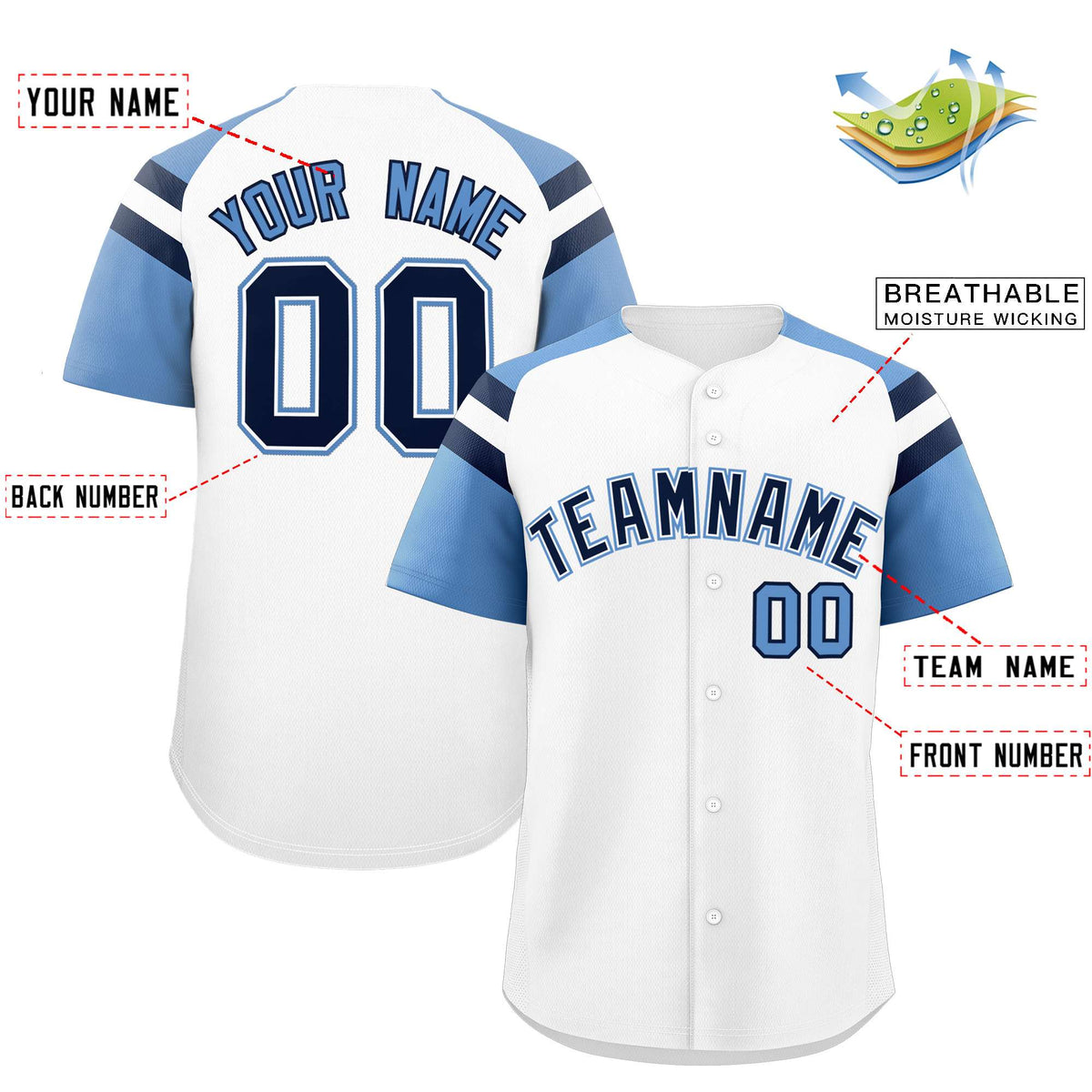 Custom White Light Blue Contrast Raglan Sleeves Authentic Baseball Jersey| KXKSHOP
