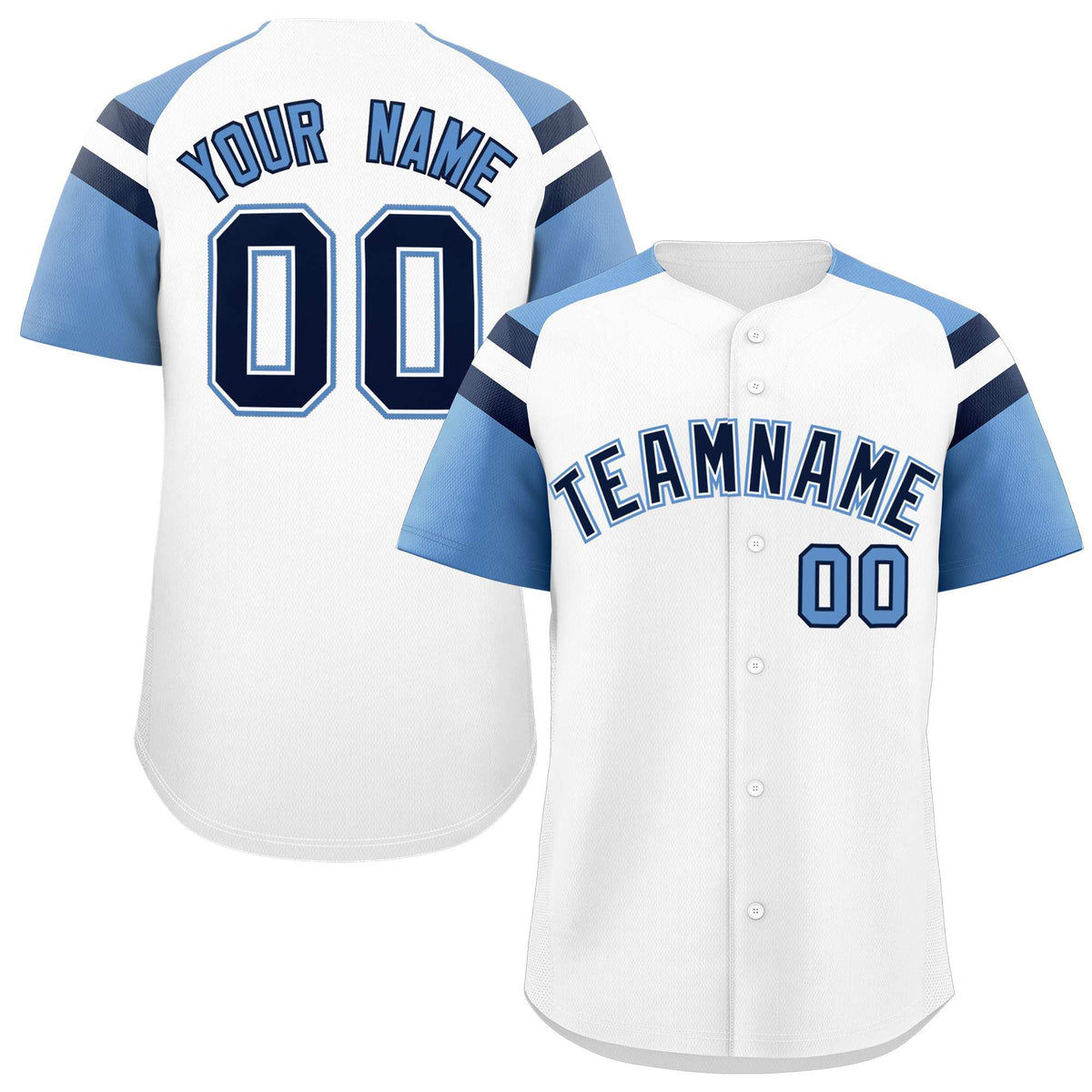 Custom White Light Blue Contrast Raglan Sleeves Authentic Baseball Jersey| KXKSHOP