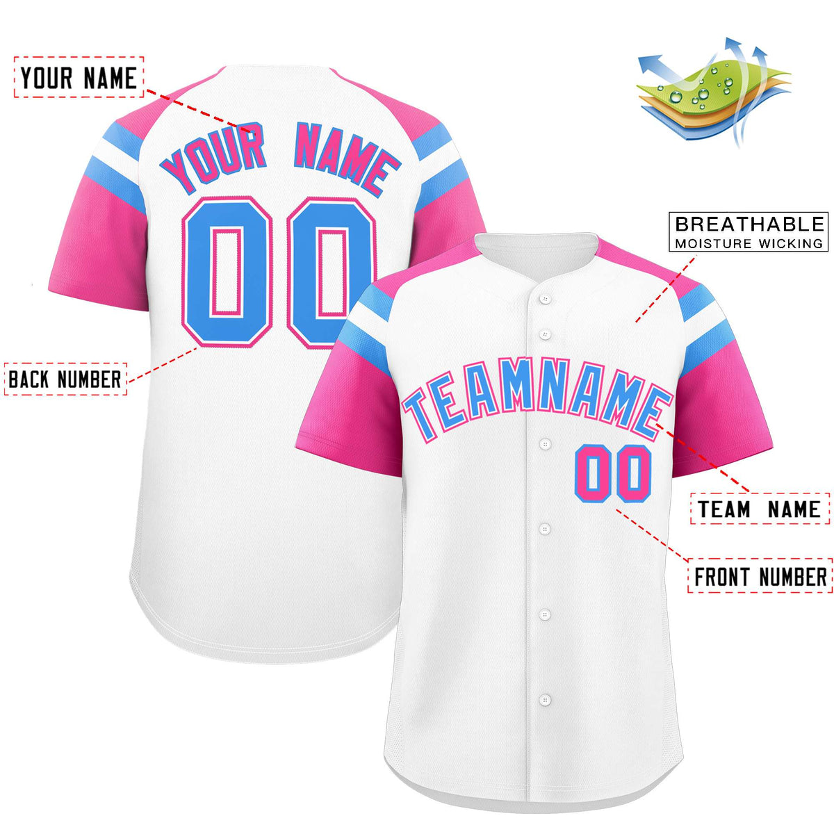 Custom White Pink Contrast Raglan Sleeves Authentic Baseball Jersey| KXKSHOP