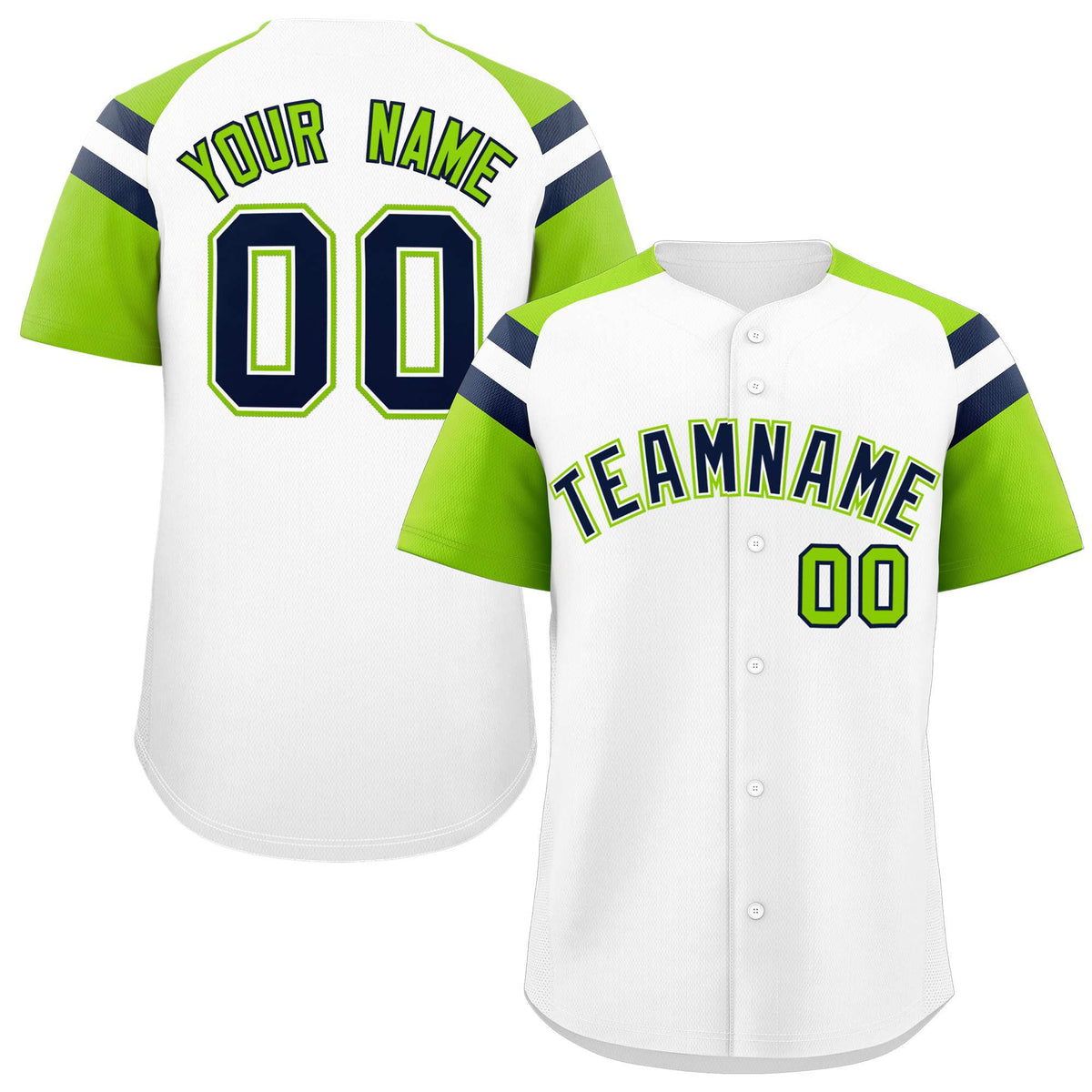 Custom White Neon Green Contrast Raglan Sleeves Authentic Baseball Jersey| KXKSHOP