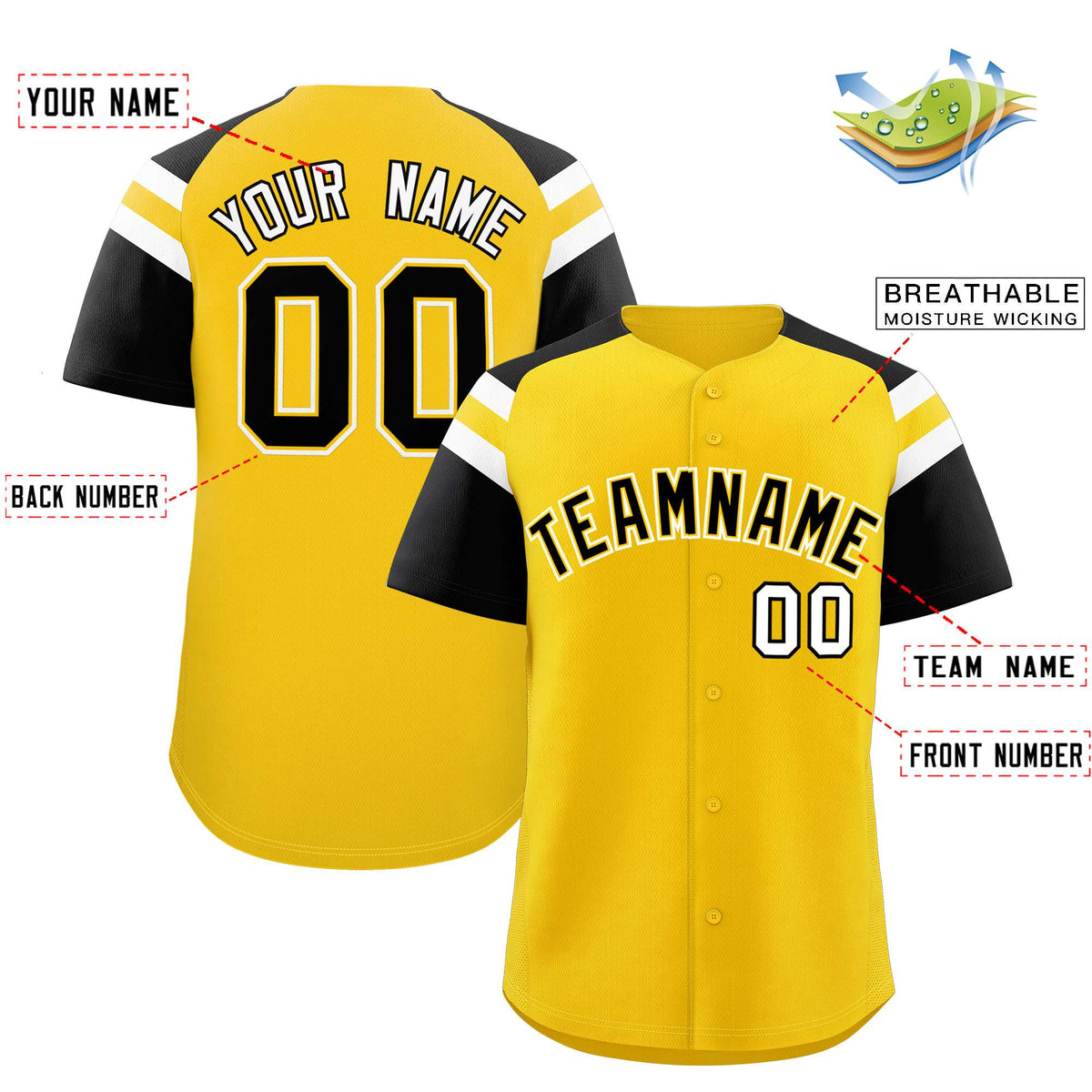 Custom Gold Black Contrast Raglan Sleeves Authentic Baseball Jersey| KXKSHOP