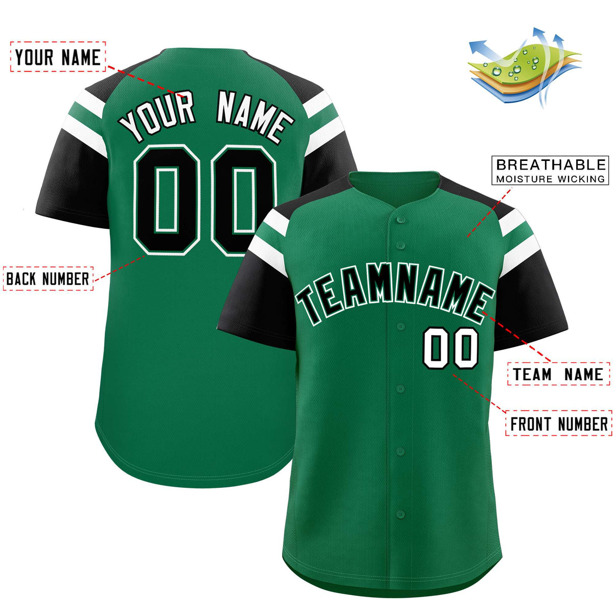 Custom Kelly Green Black Contrast Raglan Sleeves Authentic Baseball Jersey| KXKSHOP