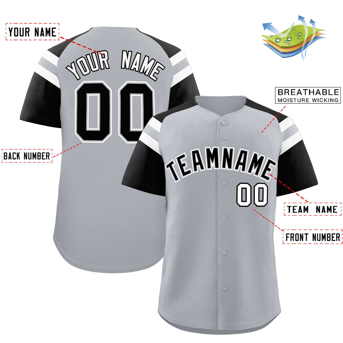 Custom Silver Black Contrast Raglan Sleeves Authentic Baseball Jersey| KXKSHOP