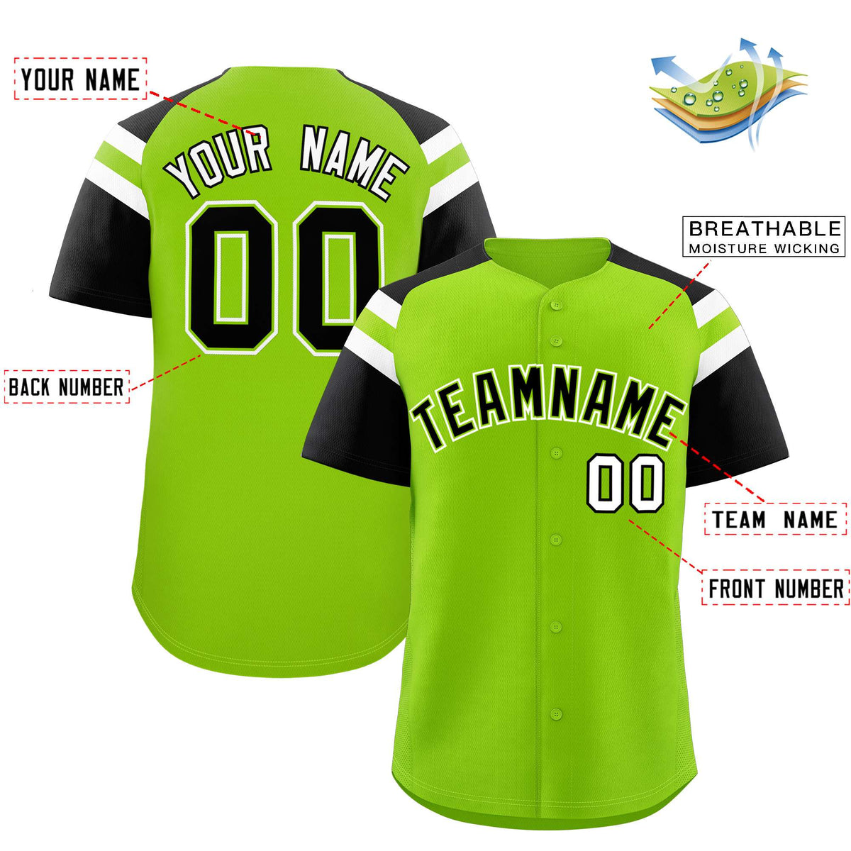 Custom Neon Green Black Contrast Raglan Sleeves Authentic Baseball Jersey| KXKSHOP