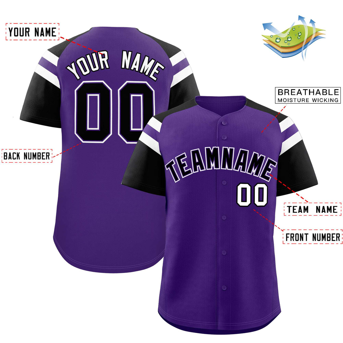 Custom Purple Black Contrast Raglan Sleeves Authentic Baseball Jersey| KXKSHOP