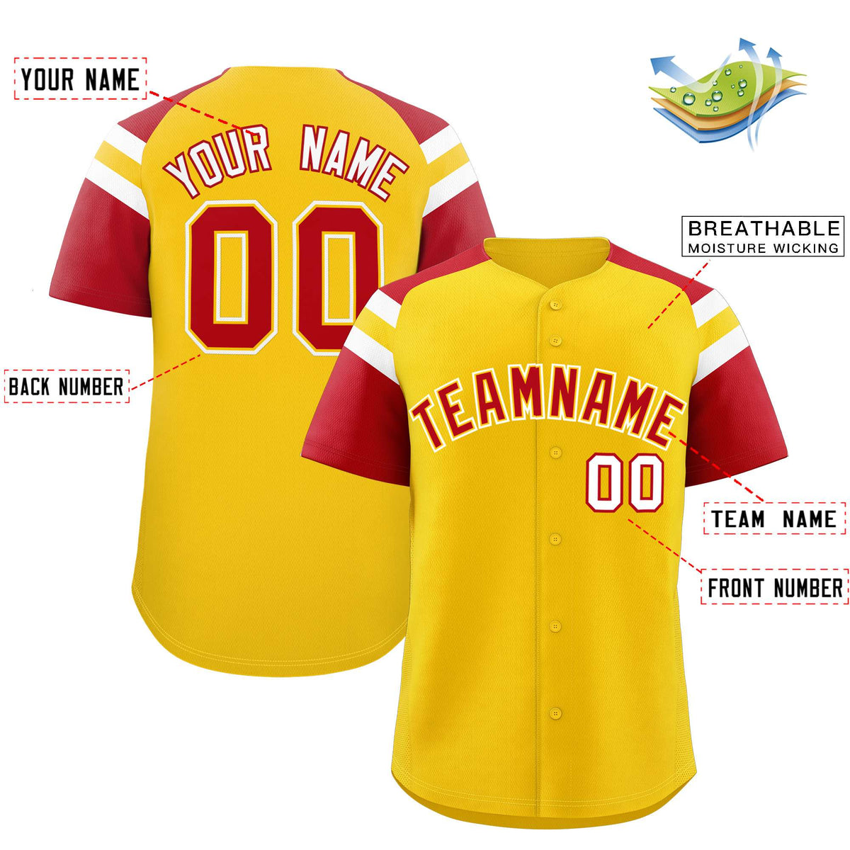 Custom Gold Red Contrast Raglan Sleeves Authentic Baseball Jersey| KXKSHOP