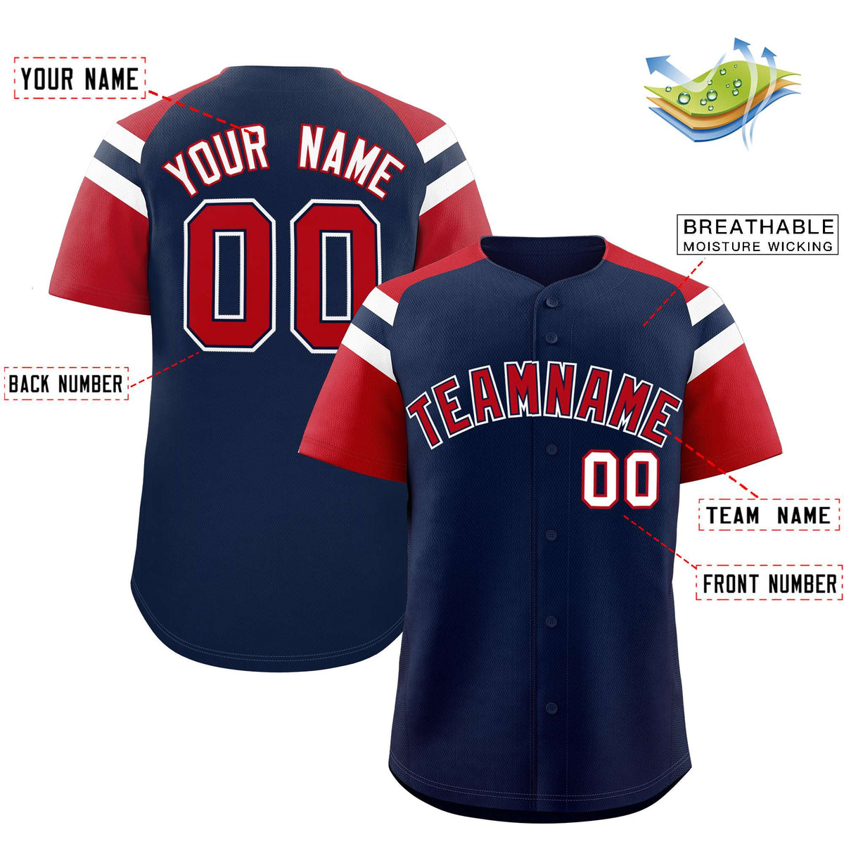 Custom Navy Red Contrast Raglan Sleeves Authentic Baseball Jersey| KXKSHOP
