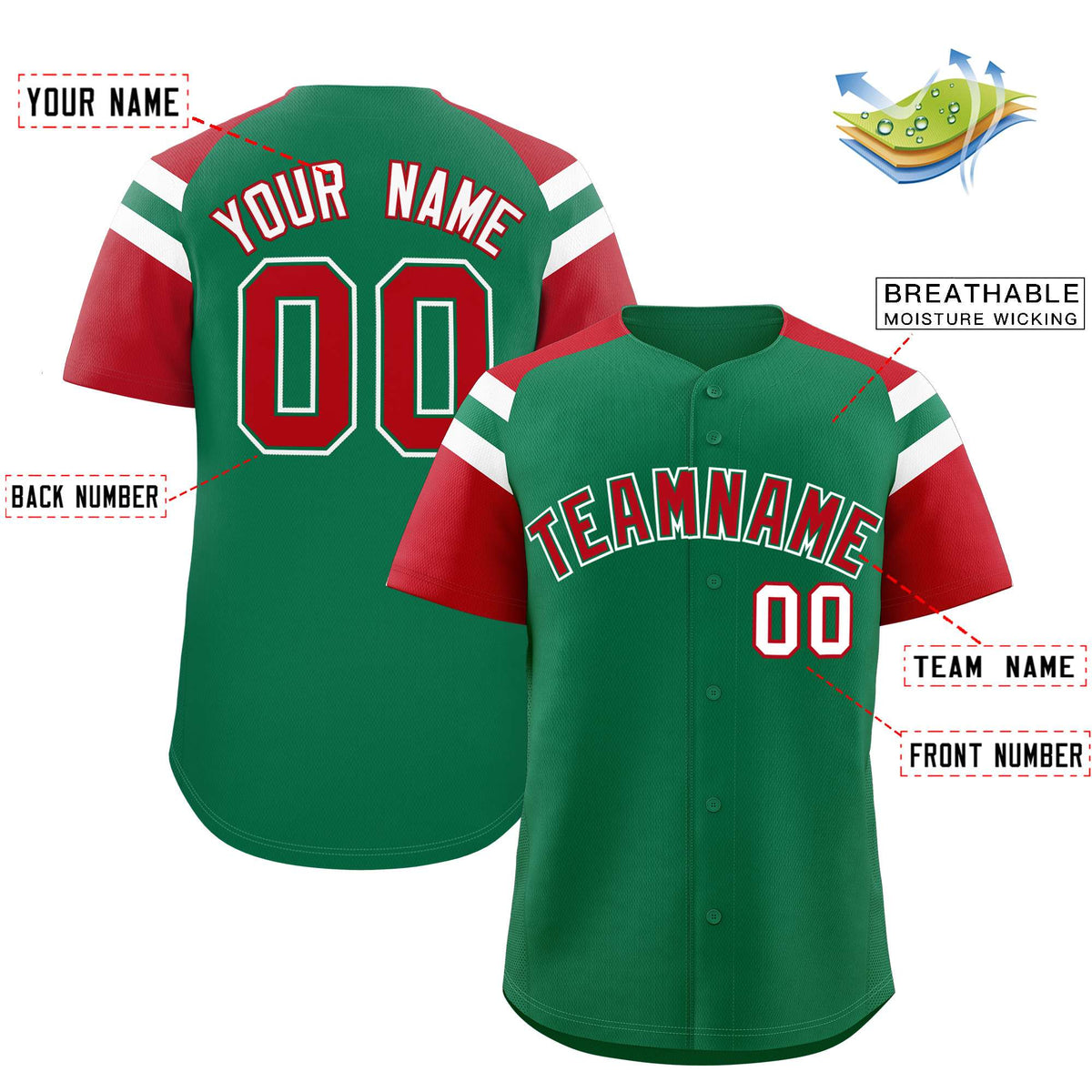 Custom Kelly Green Red Contrast Raglan Sleeves Authentic Baseball Jersey| KXKSHOP