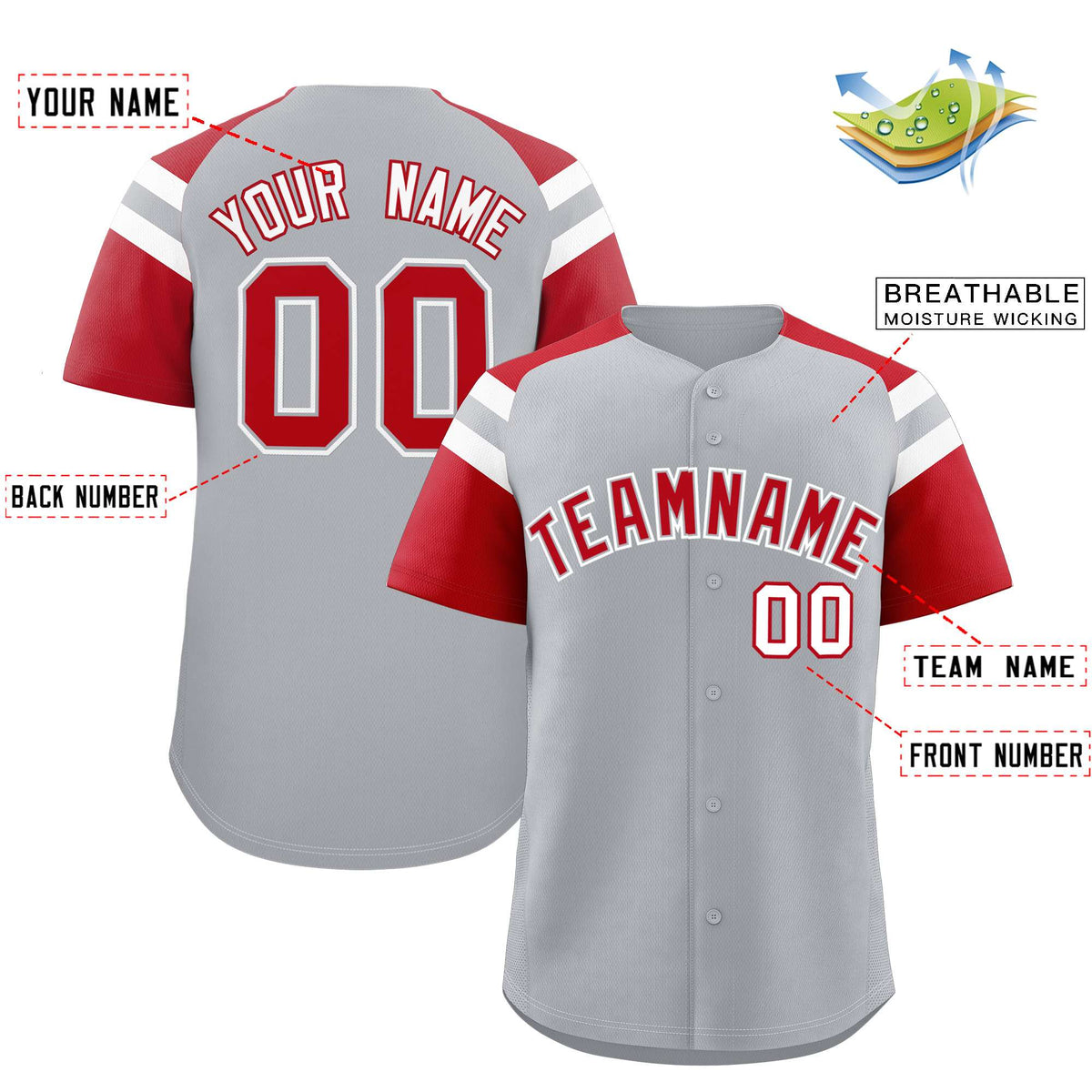 Custom Silver Red Contrast Raglan Sleeves Authentic Baseball Jersey| KXKSHOP