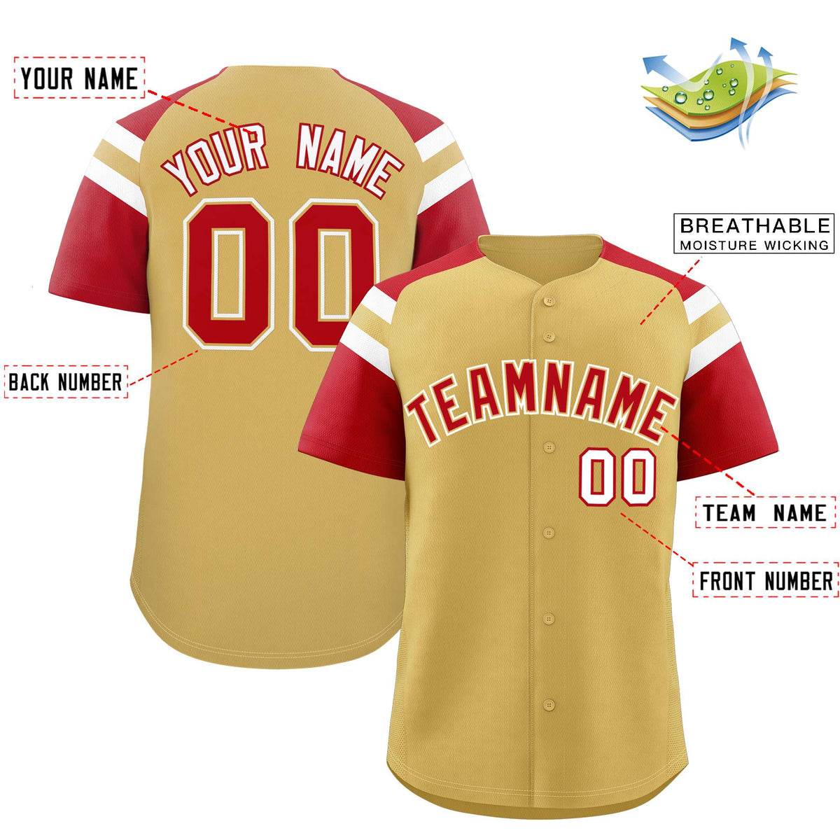 Custom Old Gold Red Contrast Raglan Sleeves Authentic Baseball Jersey| KXKSHOP