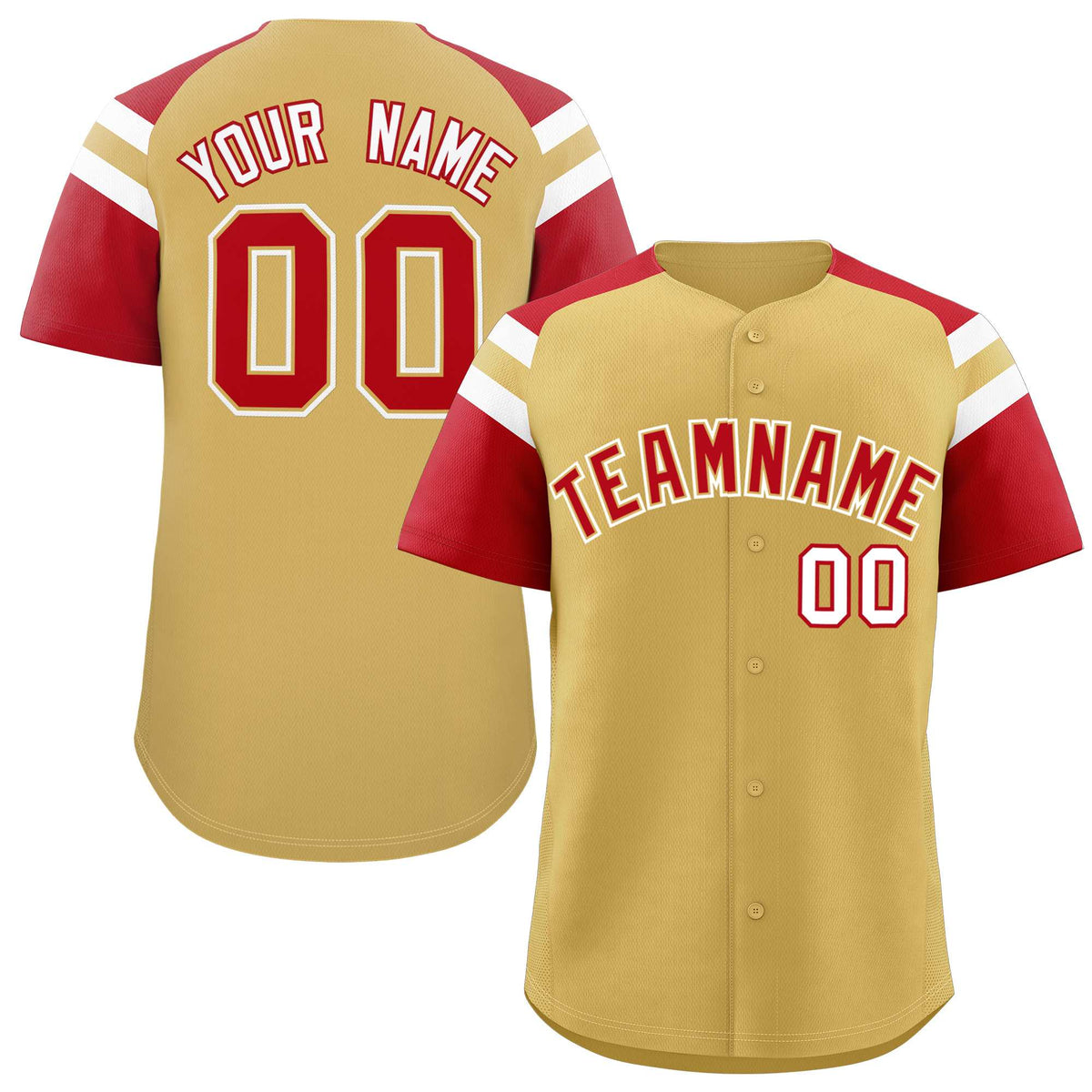 Custom Old Gold Red Contrast Raglan Sleeves Authentic Baseball Jersey| KXKSHOP