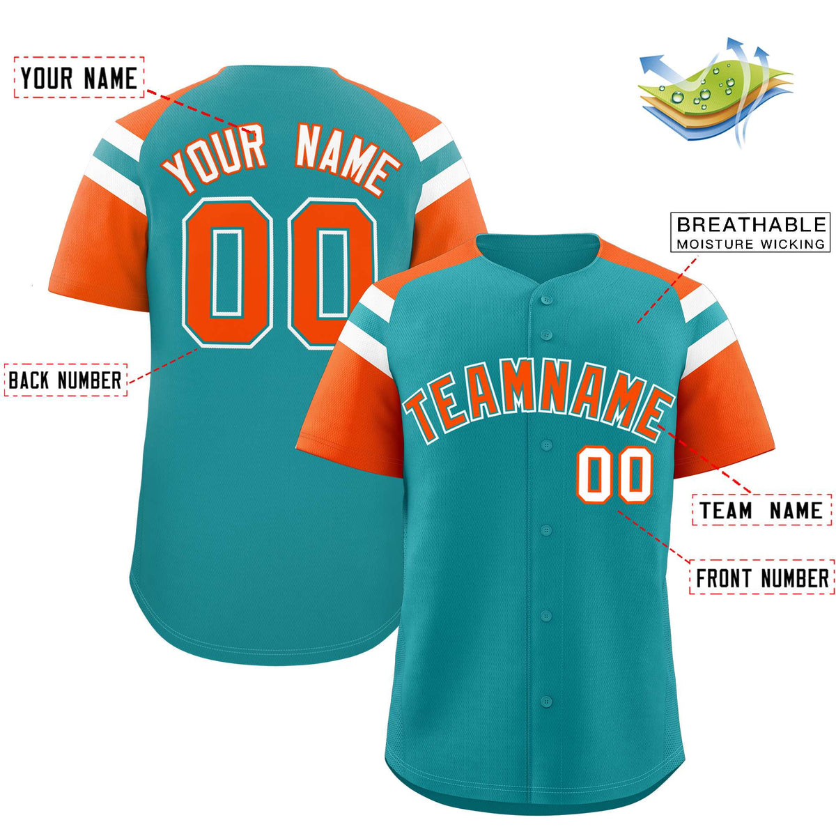 Custom Aqua Orange Contrast Raglan Sleeves Authentic Baseball Jersey| KXKSHOP