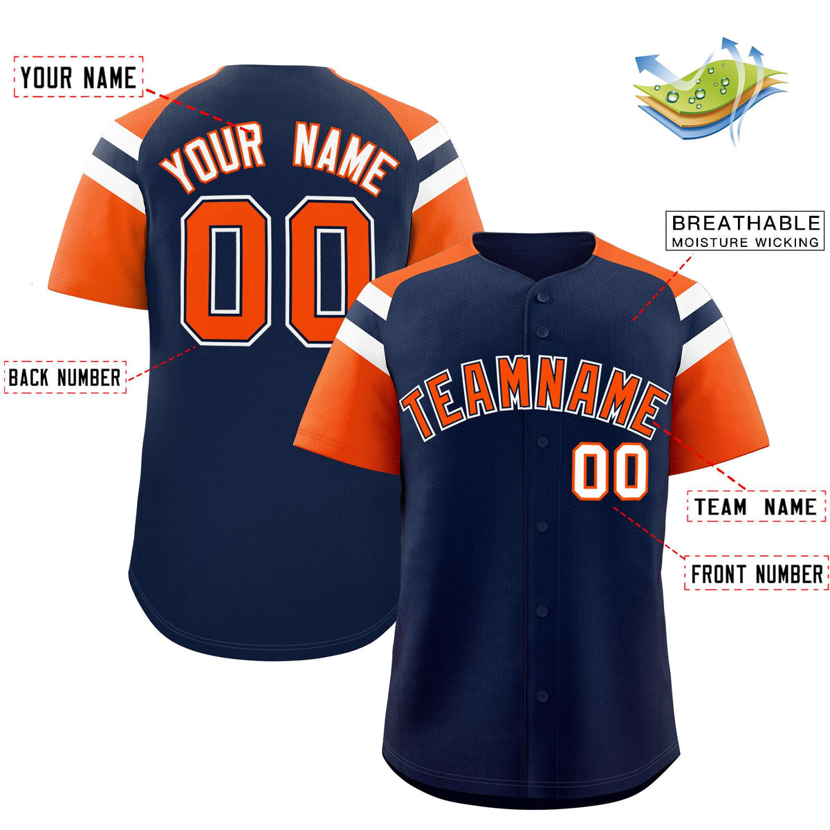 Custom Navy Orange Contrast Raglan Sleeves Authentic Baseball Jersey| KXKSHOP