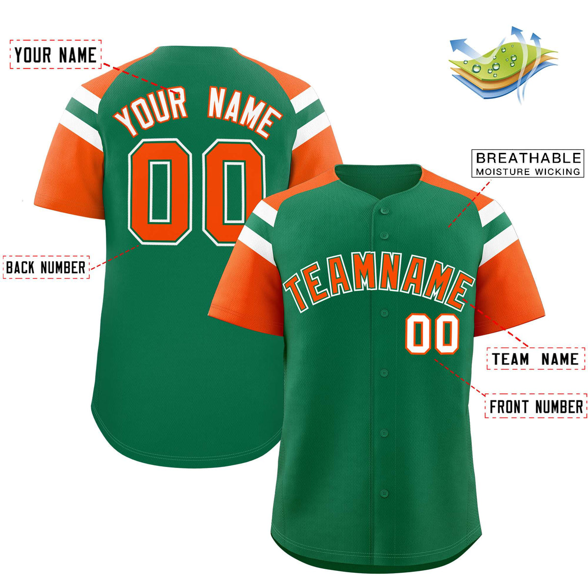 Custom Kelly Green Orange Contrast Raglan Sleeves Authentic Baseball Jersey| KXKSHOP