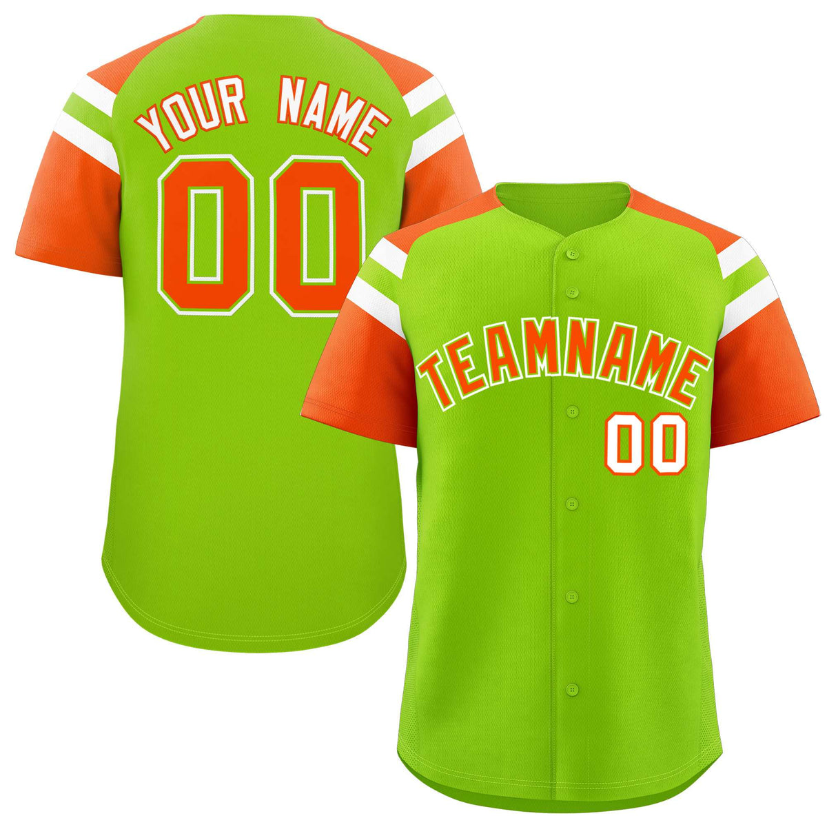 Custom Neon Green Orange Contrast Raglan Sleeves Authentic Baseball Jersey| KXKSHOP