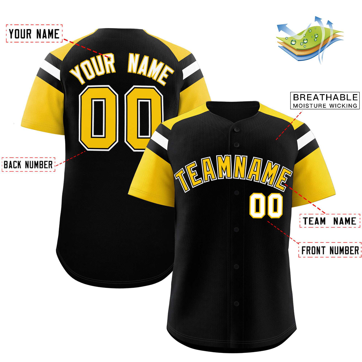 Custom Black Gold Contrast Raglan Sleeves Authentic Baseball Jersey| KXKSHOP