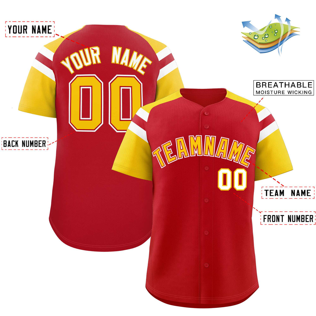 Custom Red Gold Contrast Raglan Sleeves Authentic Baseball Jersey| KXKSHOP