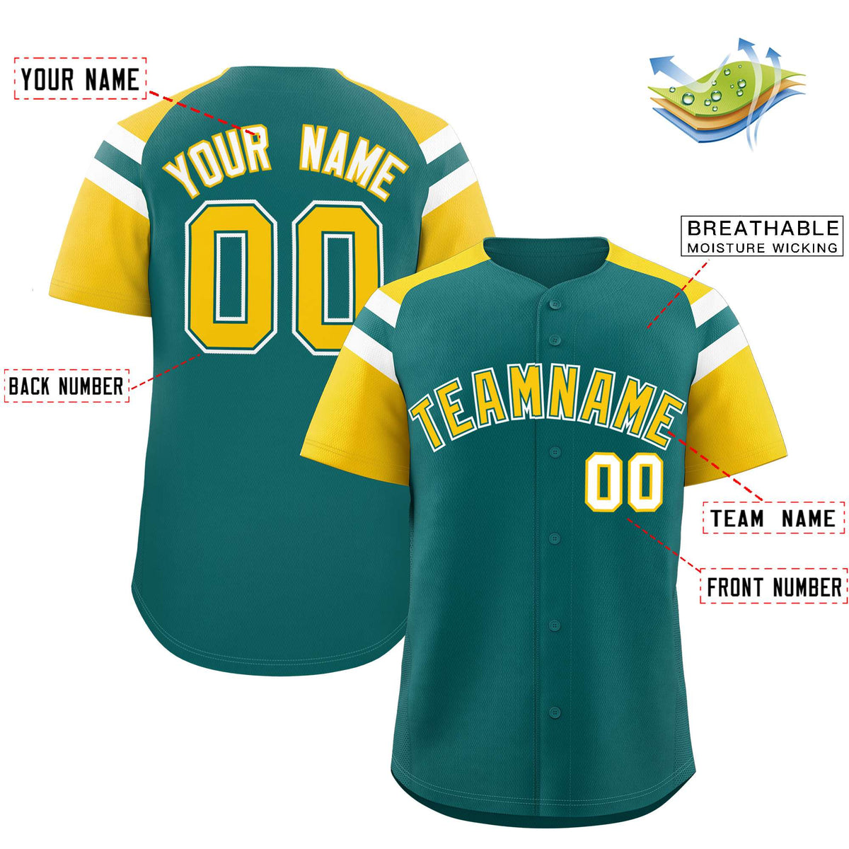 Custom Aqua Gold Contrast Raglan Sleeves Authentic Baseball Jersey| KXKSHOP