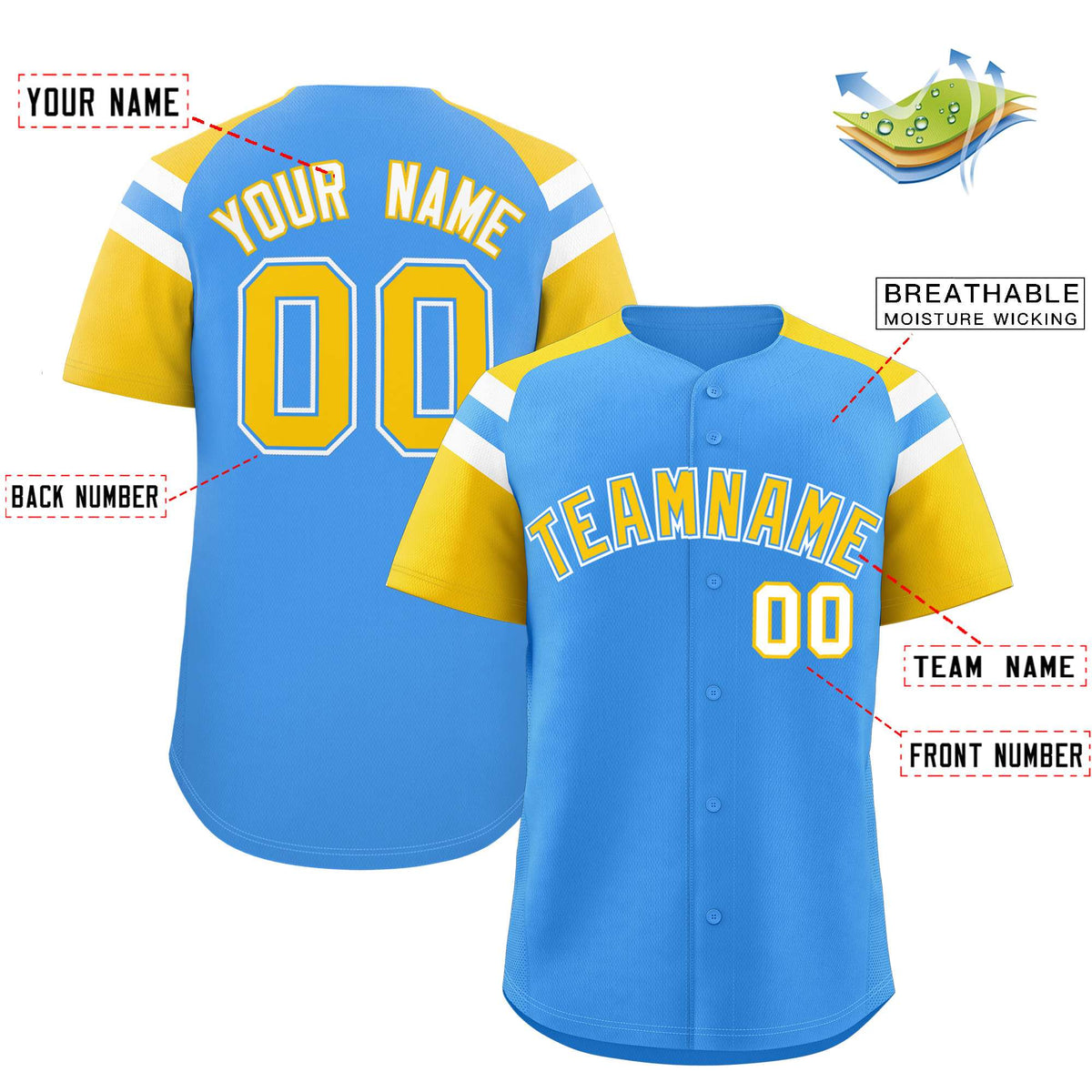 Custom Powder Blue Gold Contrast Raglan Sleeves Authentic Baseball Jersey| KXKSHOP