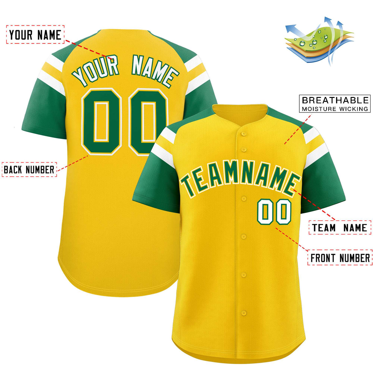 Custom Gold Kelly Green Contrast Raglan Sleeves Authentic Baseball Jersey| KXKSHOP