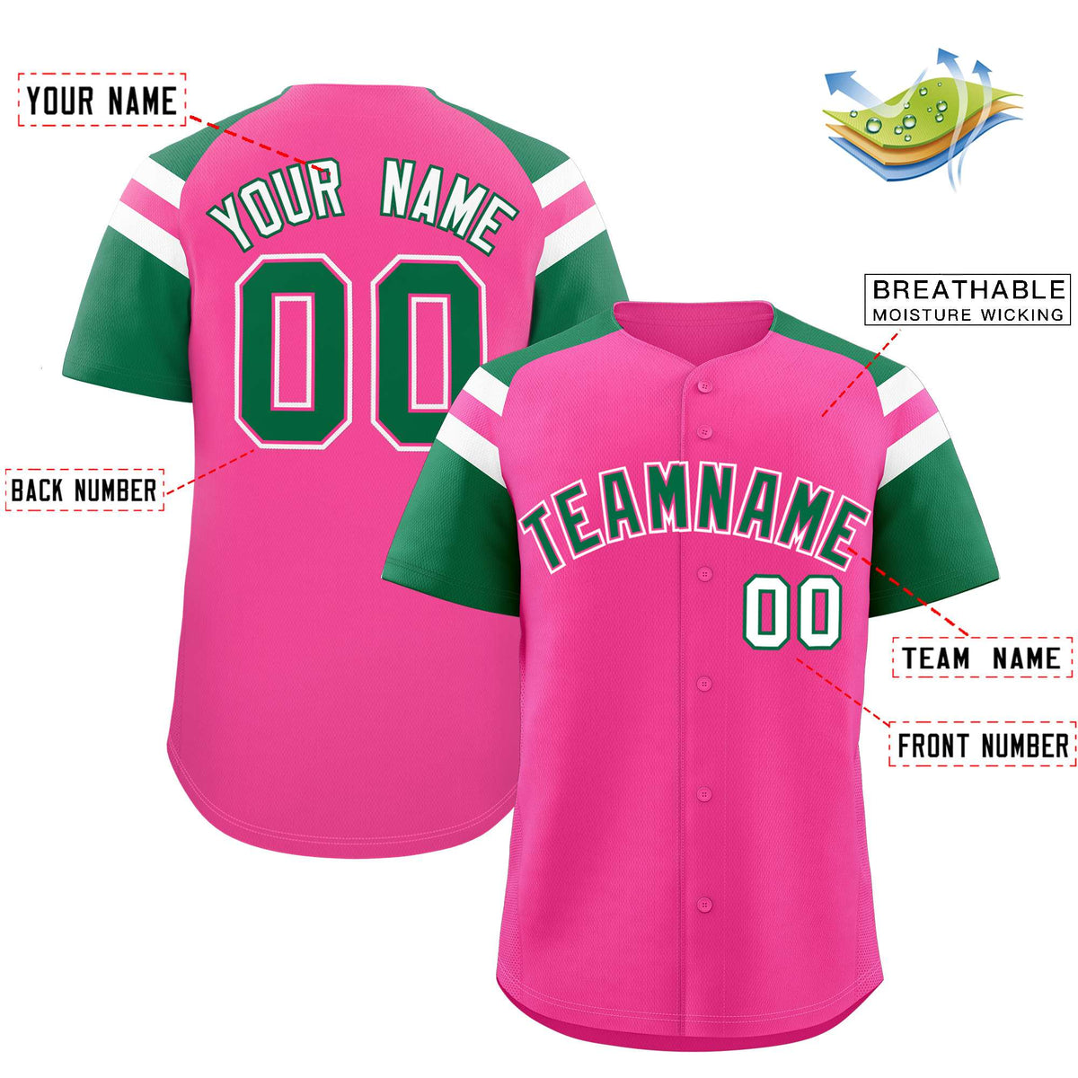 Custom Pink Kelly Green Contrast Raglan Sleeves Authentic Baseball Jersey| KXKSHOP