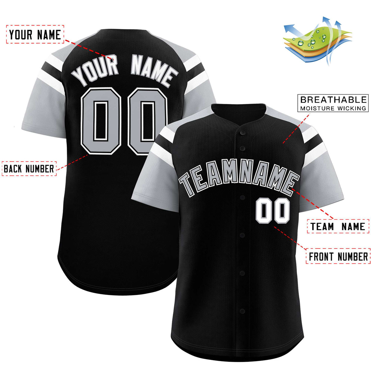 Custom Black Silver Contrast Raglan Sleeves Authentic Baseball Jersey| KXKSHOP