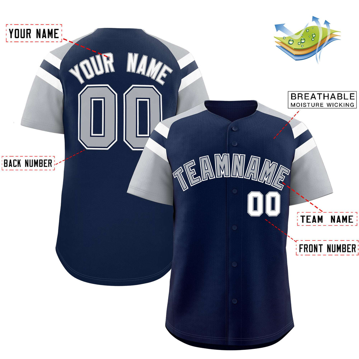 Custom Navy Silver Contrast Raglan Sleeves Authentic Baseball Jersey| KXKSHOP