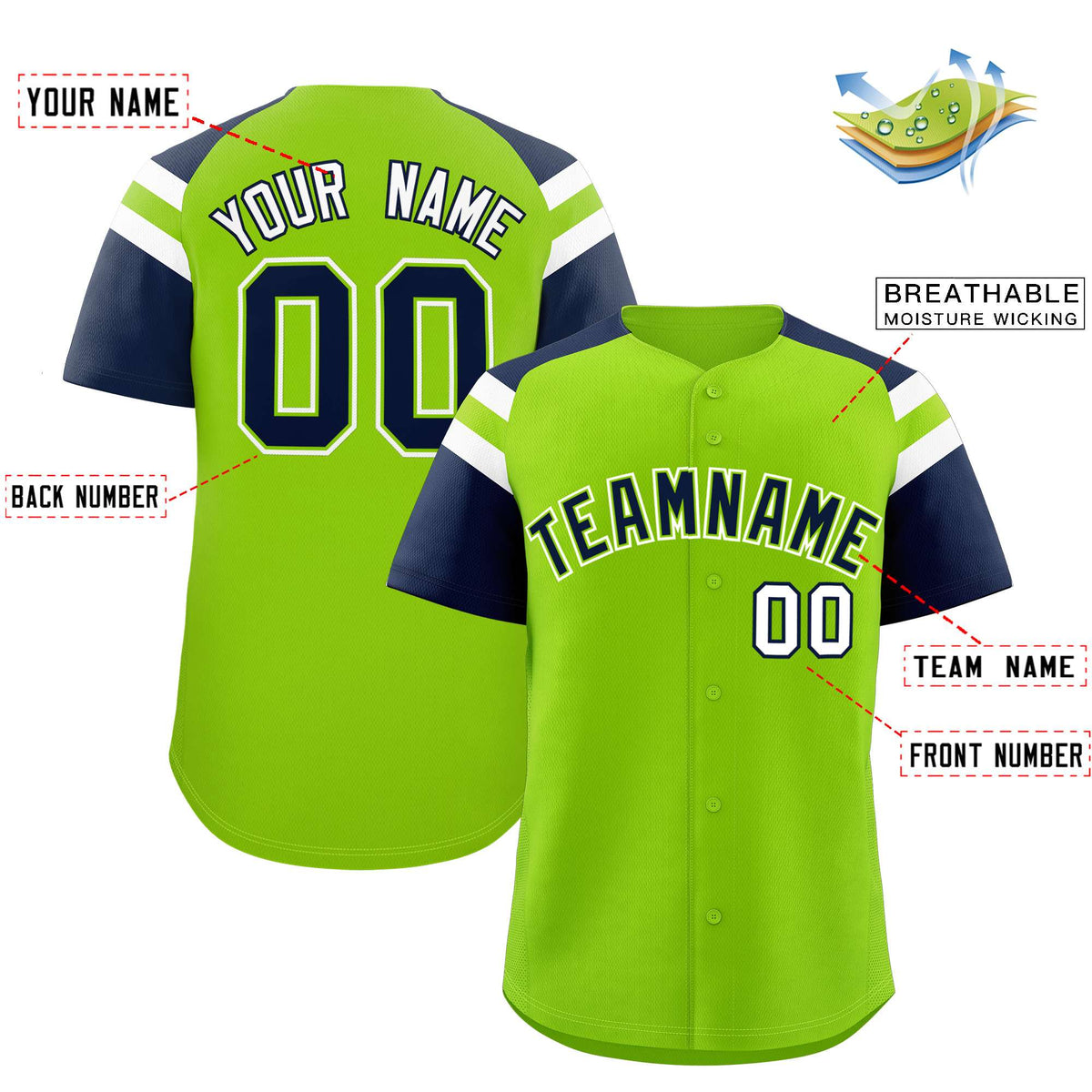 Custom Neon Green Navy Contrast Raglan Sleeves Authentic Baseball Jersey| KXKSHOP