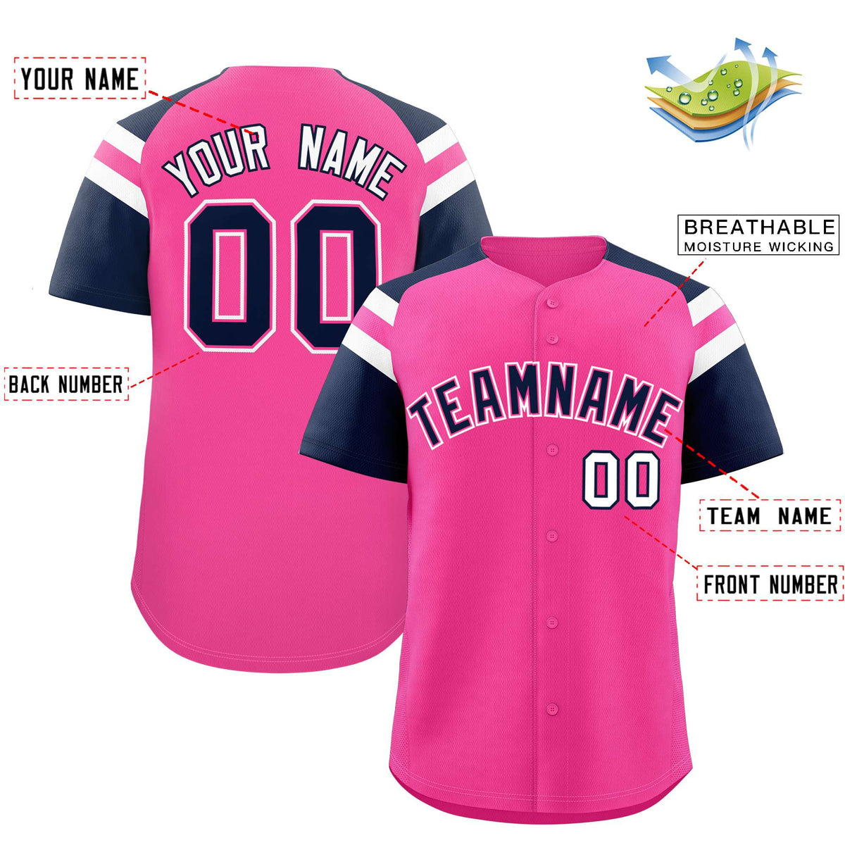 Custom Pink Navy Contrast Raglan Sleeves Authentic Baseball Jersey| KXKSHOP