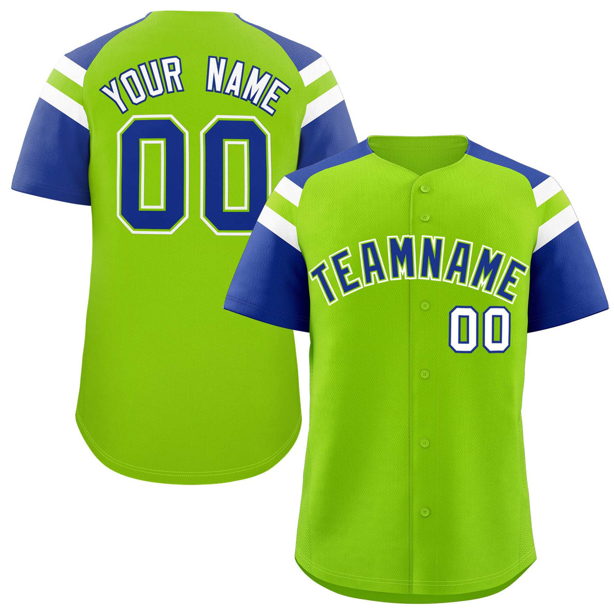Custom Neon Green Royal Contrast Raglan Sleeves Authentic Baseball Jersey| KXKSHOP