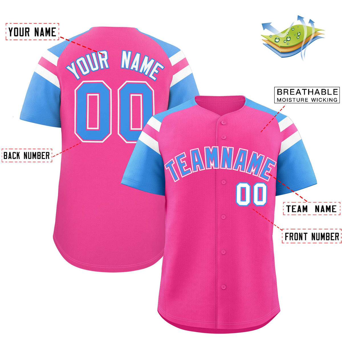 Custom Pink Powder Blue Contrast Raglan Sleeves Authentic Baseball Jersey| KXKSHOP
