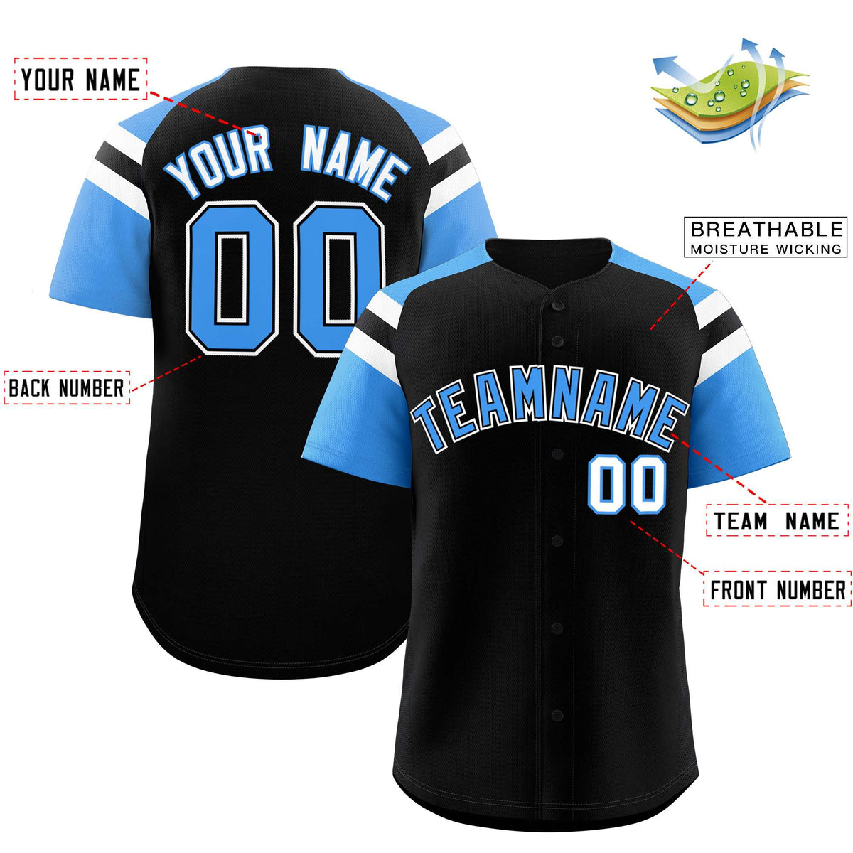 Custom Black Powder Blue Contrast Raglan Sleeves Authentic Baseball Jersey| KXKSHOP