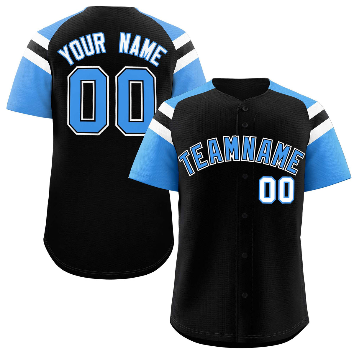 Custom Black Powder Blue Contrast Raglan Sleeves Authentic Baseball Jersey| KXKSHOP