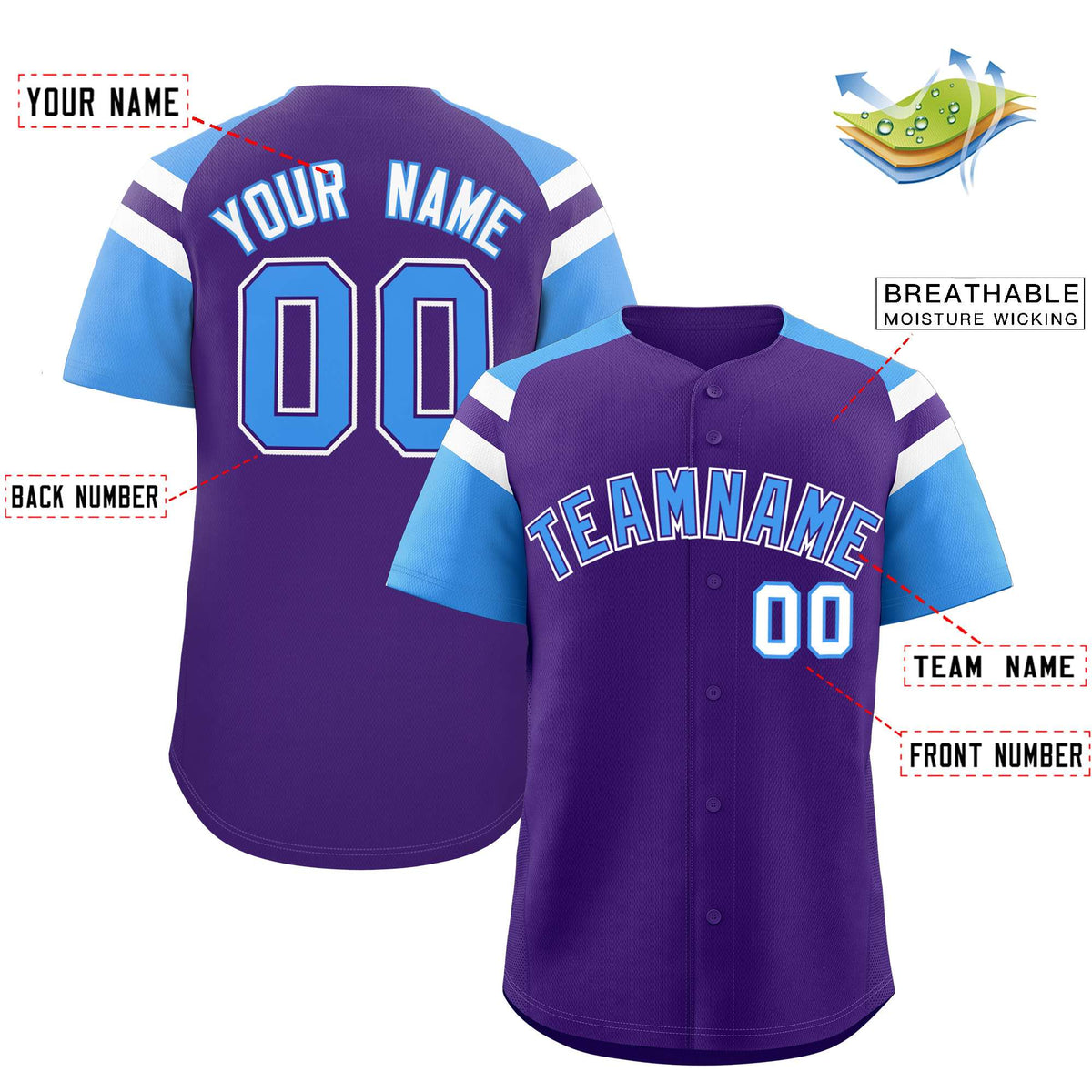 Custom Purple Powder Blue Contrast Raglan Sleeves Authentic Baseball Jersey| KXKSHOP